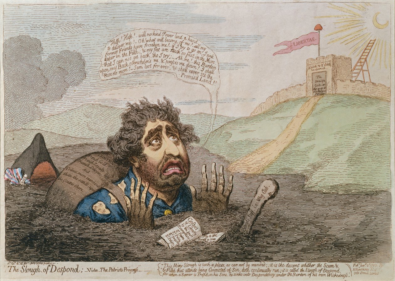 The Slough of Despond, utgiven av Hannah Humphrey 1793 (handkolorerad dtching) av James Gillray