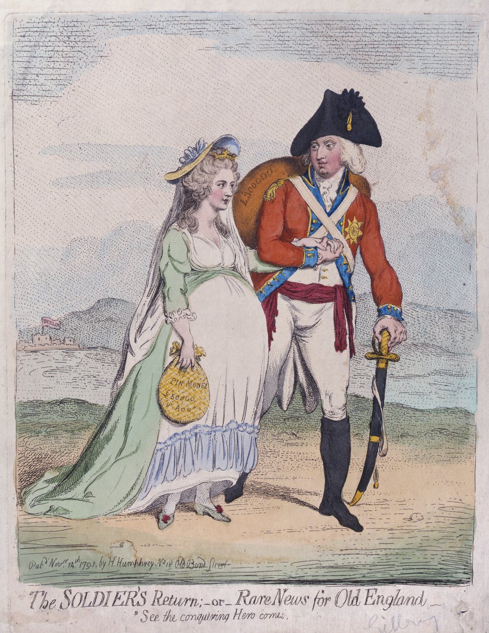 The Soldiers Return, eller Rare News for Old England, publicerad av Hannah Humphrey 1791 (handfärgad etsning) av James Gillray