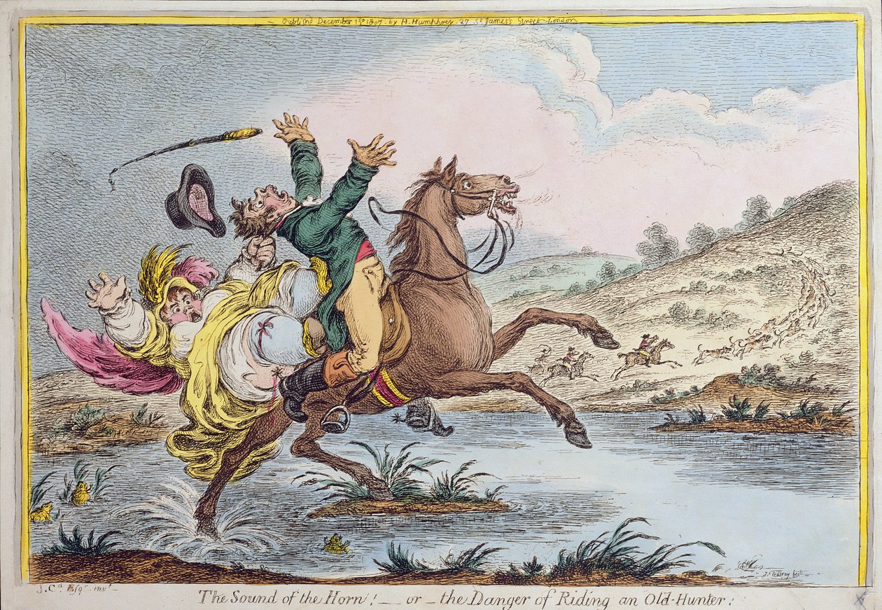 The Sound of the Horn, or The Danger of Riding an Old Hunter, utgiven av Hannah Humphrey 1807 (handkolorerad etsning) av James Gillray