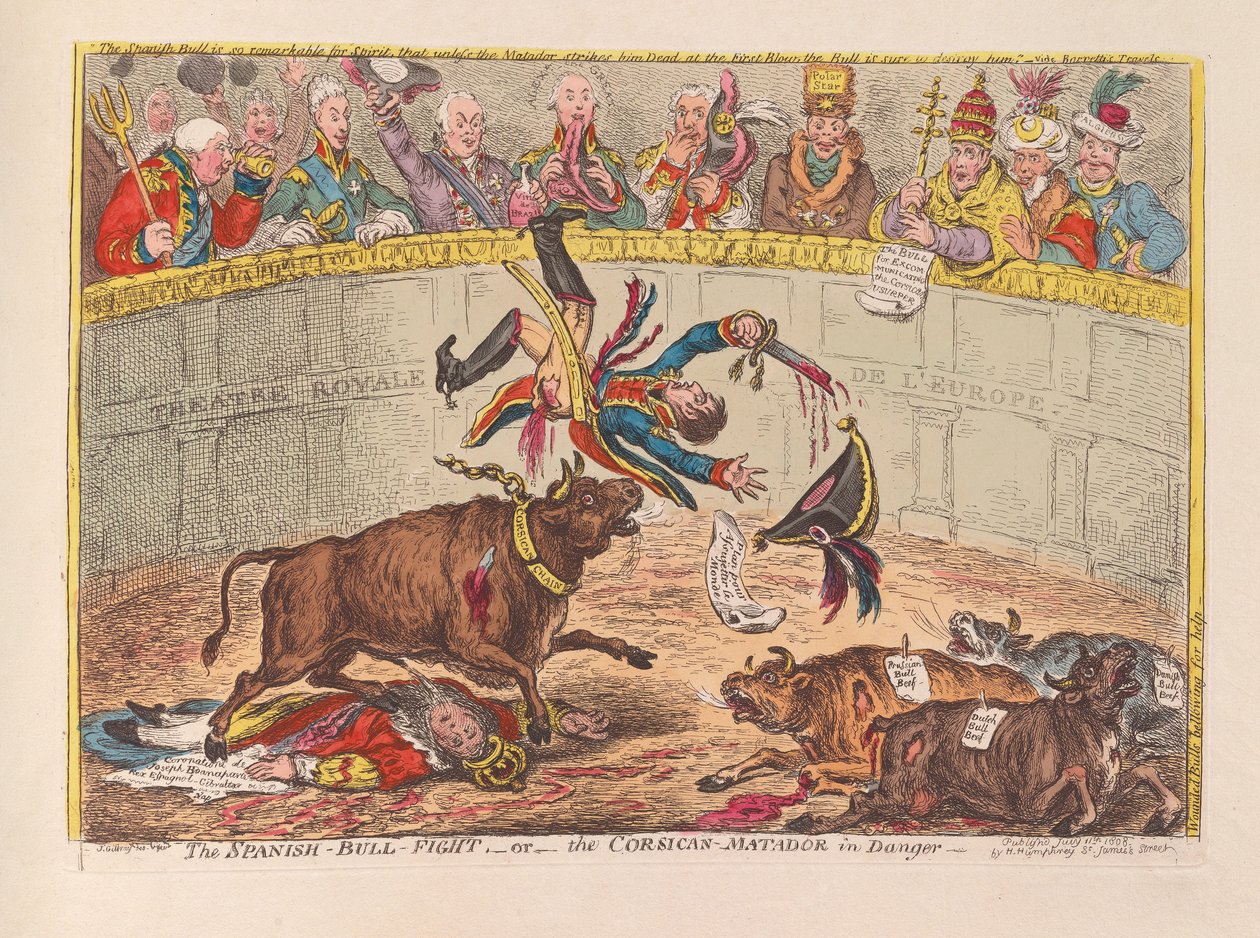 Den spanska tjurfäktningen eller den korsikanska Matadoren i fara, pub. 1805 (handfärgad gravyr) av James Gillray