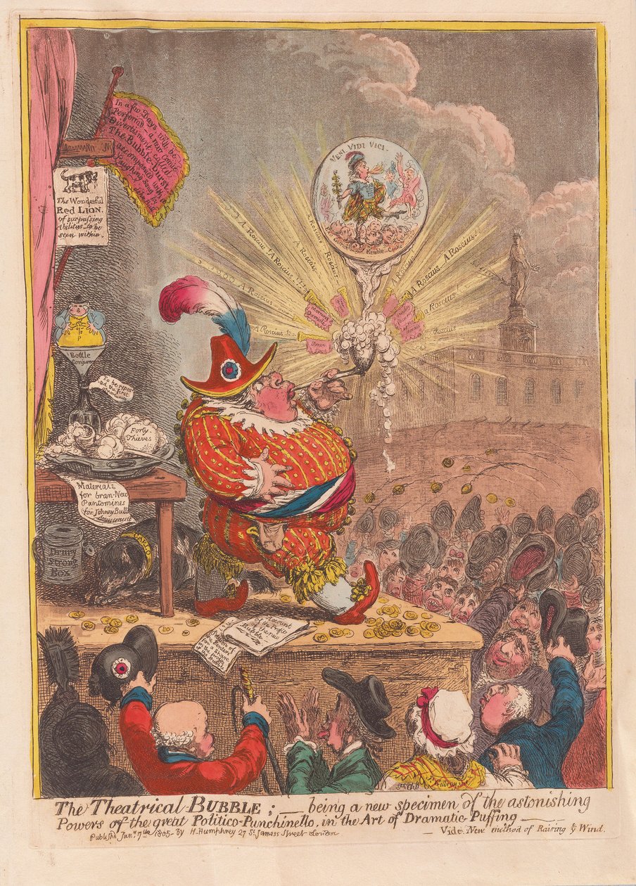 Theatrical Bubble: att vara ett nytt exemplar av den stora Politico-Punchinellos häpnadsväckande krafter i konsten att dramatiskt puffande, pub. 1805 (handfärgad gravyr) av James Gillray