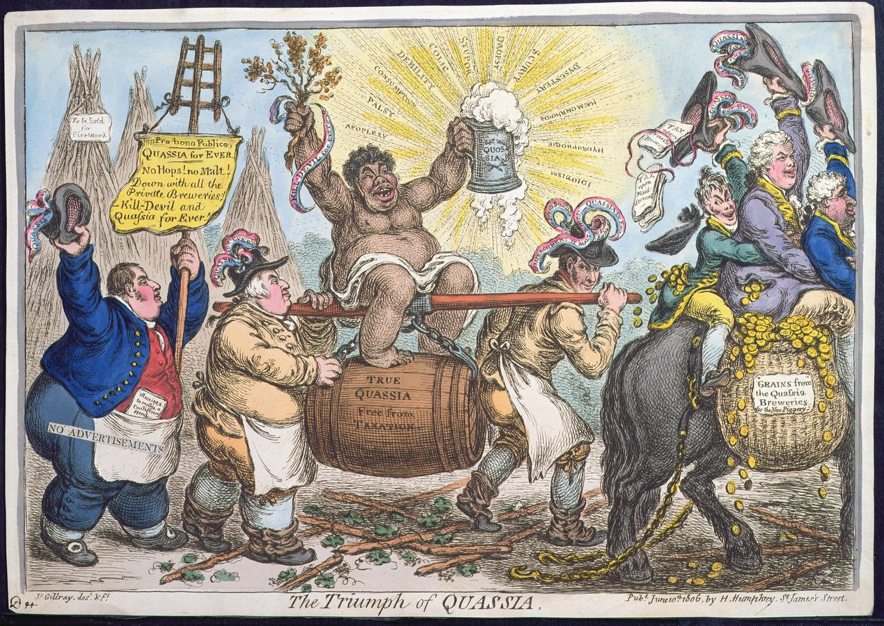 The Triumph of Quassia, publicerad av Hannah Humphrey 1806 (handfärgad etsning) av James Gillray