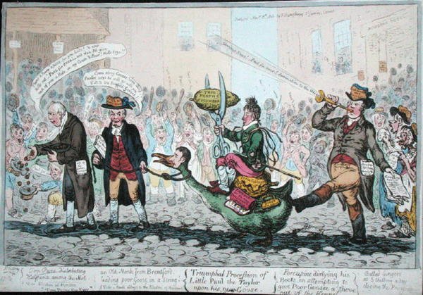 The Triumphal Procession of Little Paul the Taylor on his new Goose, publicerad 1806 (handfärgad etsning) av James Gillray