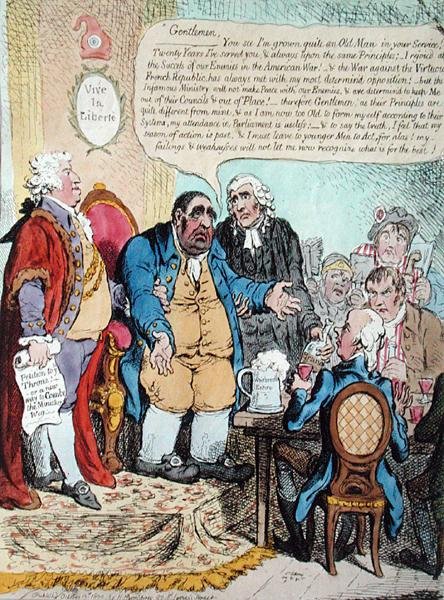 The Worn Out Patriot, eller Westminster-representantens sista döende tal vid jubileumsmötet den 10 oktober 1800, som hölls på Shakespeare Tavern, publicerad av Hannah Humphrey 1800 (handfärgad etsning) av James Gillray