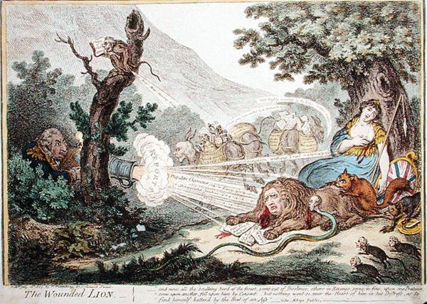 The Wounded Lion, publicerad av Hannah Humphrey 1805 (handfärgad etsning) av James Gillray