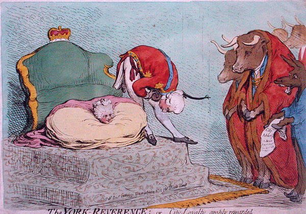 The York Reverence, eller City Loyalty, rikligt belönad, publicerad av Hannah Humphrey 1791 (handfärgad etsning) av James Gillray
