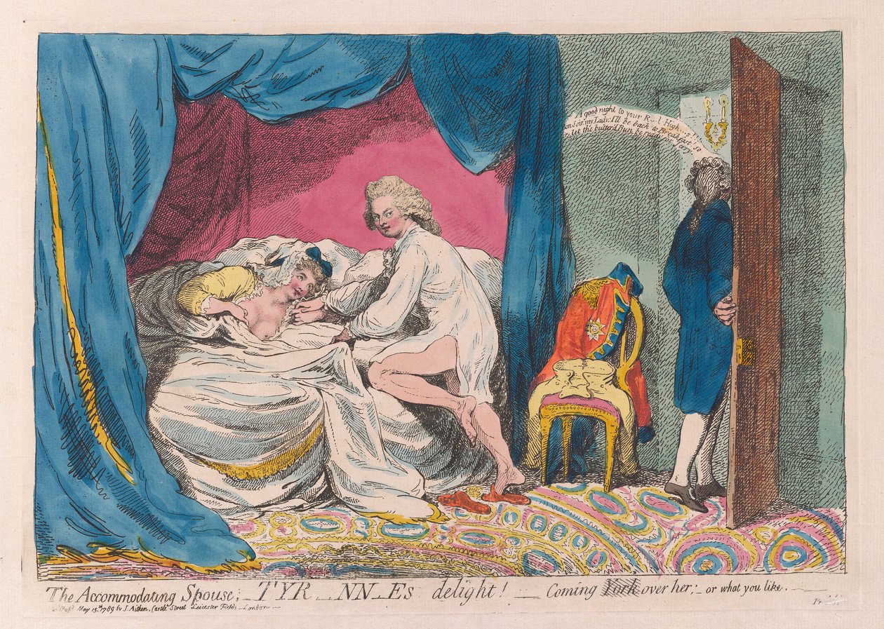Den tillmötesgående maken; Tyranns förtjusning! - kommer York över henne; - eller vad du vill, pub. 1789 (handfärgad gravyr) av James Gillray