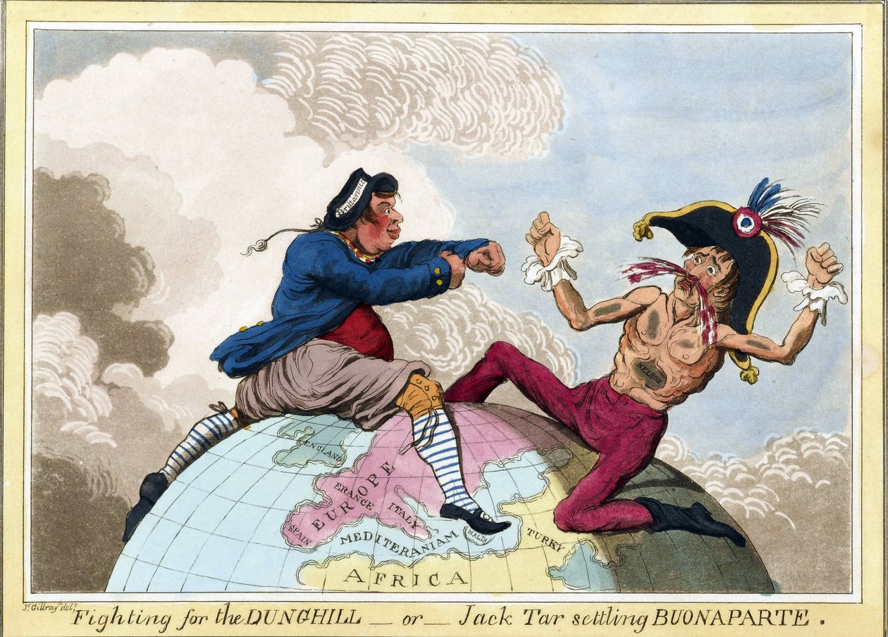 Kampen om Dunghills eller Jack Tar (som representerar männen i den brittiska flottan) mot Napoleon Bonaparte (1769-1821) av James Gillray