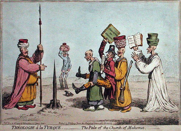 Theologie a la Turque, The Pale of the Church Mahomet, publicerad av Hannah Humphrey 1799 (handfärgad etsning) av James Gillray