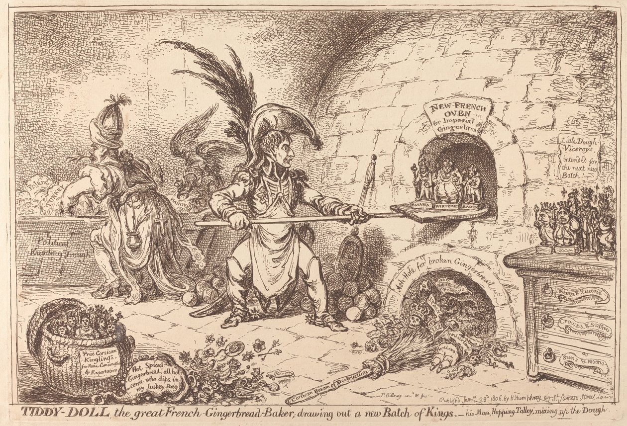 Tiddy-Doll, den stora pepparkaksbagaren, bakar en ny omgång kungar av James Gillray
