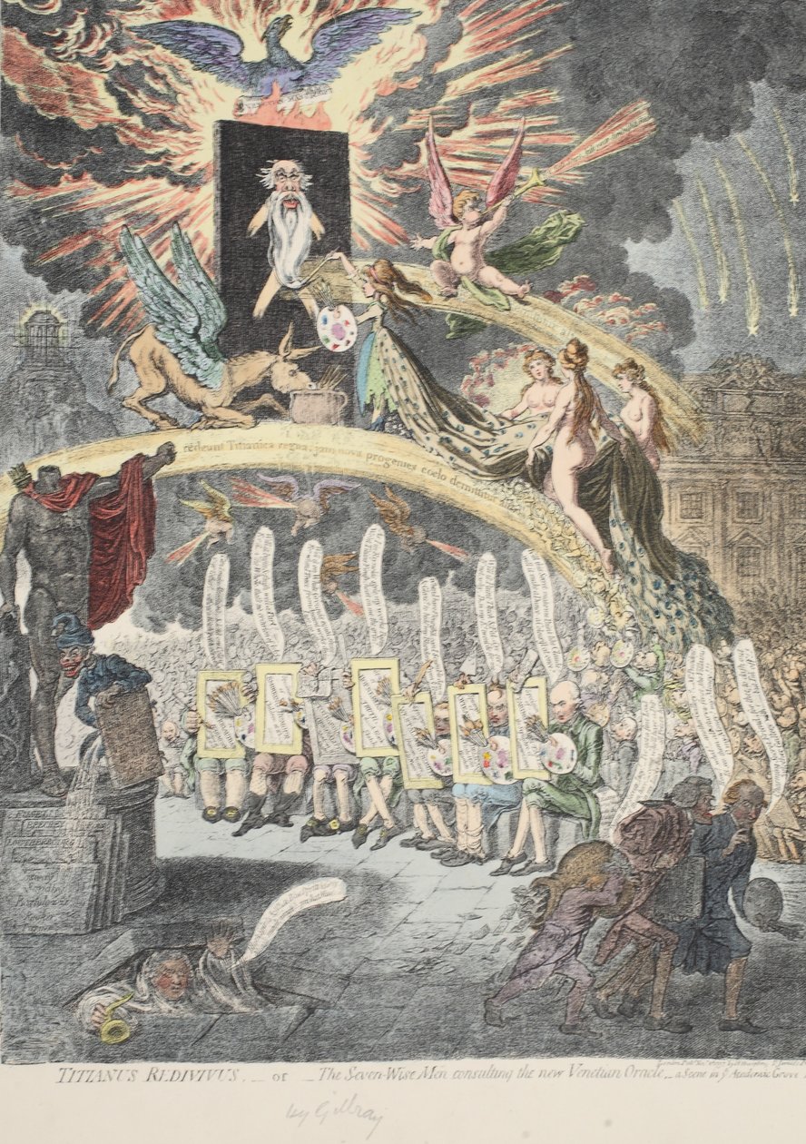 Titianus Redivivus eller de sju vise männen som rådfrågar det nya venetianska oraklet, en scen i "Academic Grove No.1", publicerad av H. Humphrey november 1797 (handkolorerad gravyr) av James Gillray