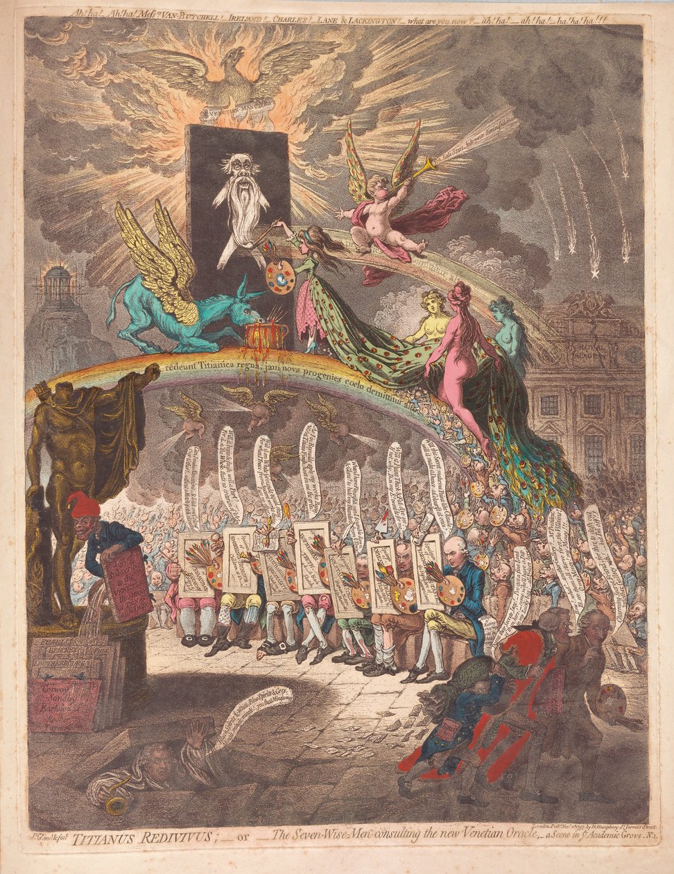 Titianus Redivivus eller de sju vise männen konsulterar det nya venetianska oraklet, en scen i Academic Grove No.1, pub. 1797 (handfärgad gravyr) av James Gillray