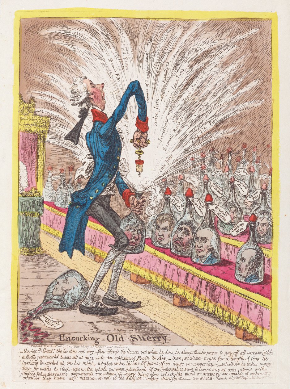 Uncorking Old Sherry, pub. 1805 (handfärgad gravyr) av James Gillray