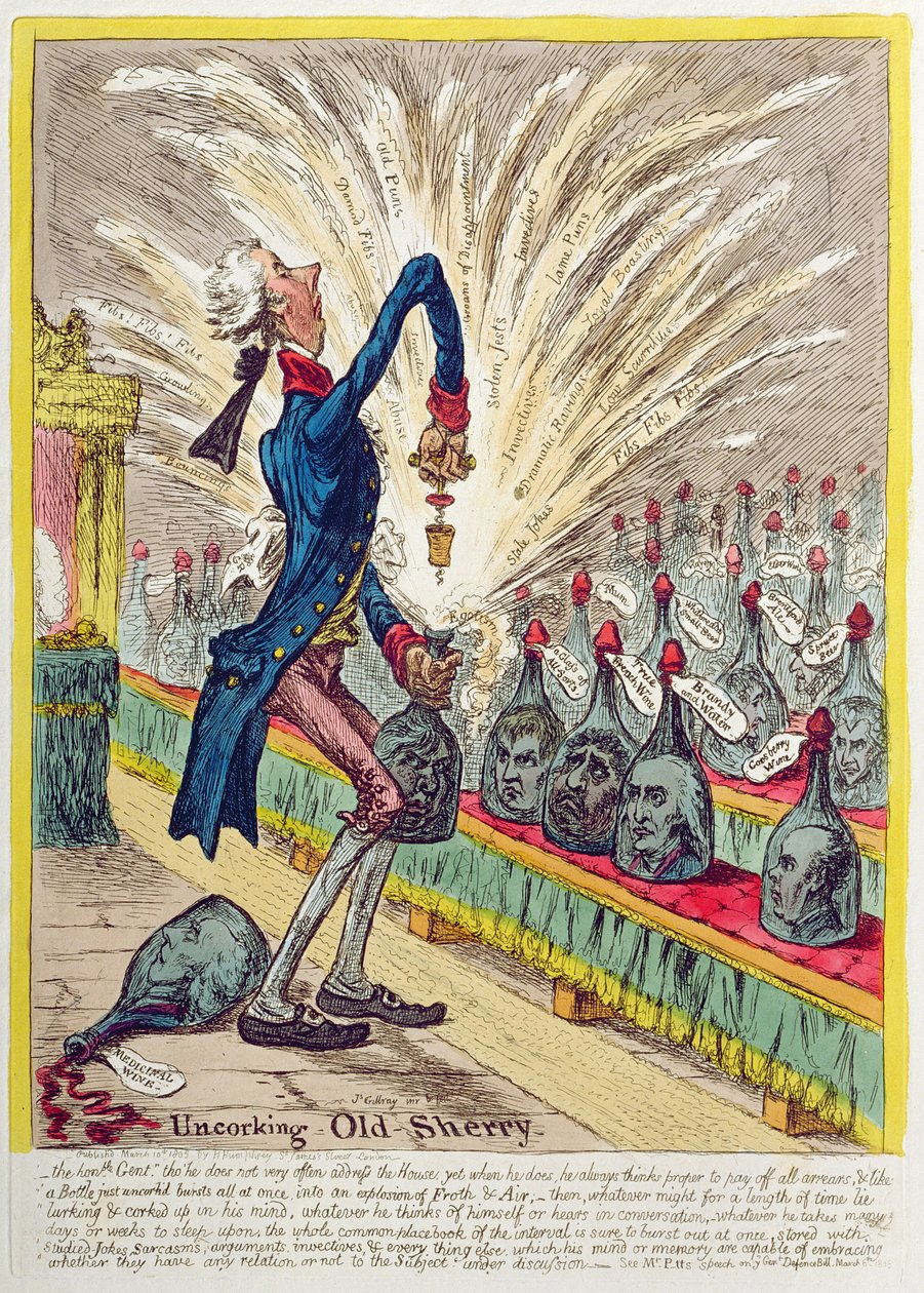 Uncorking Old Sherry, publicerad av Hannah Humphrey 1805 (handfärgad etsning) av James Gillray
