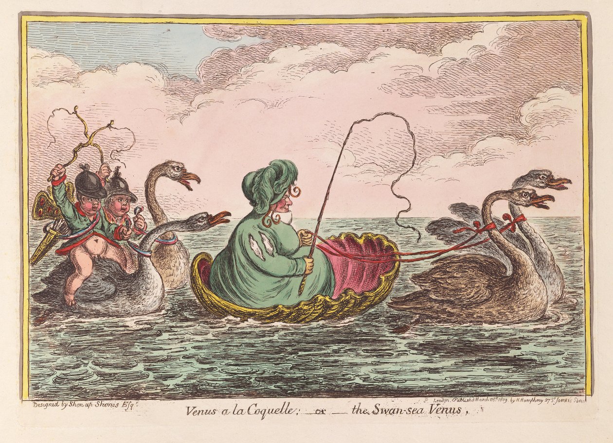 Venus a la Coquelle; eller Swan-Sea Venus, pub. 1809 (handfärgad gravyr) av James Gillray
