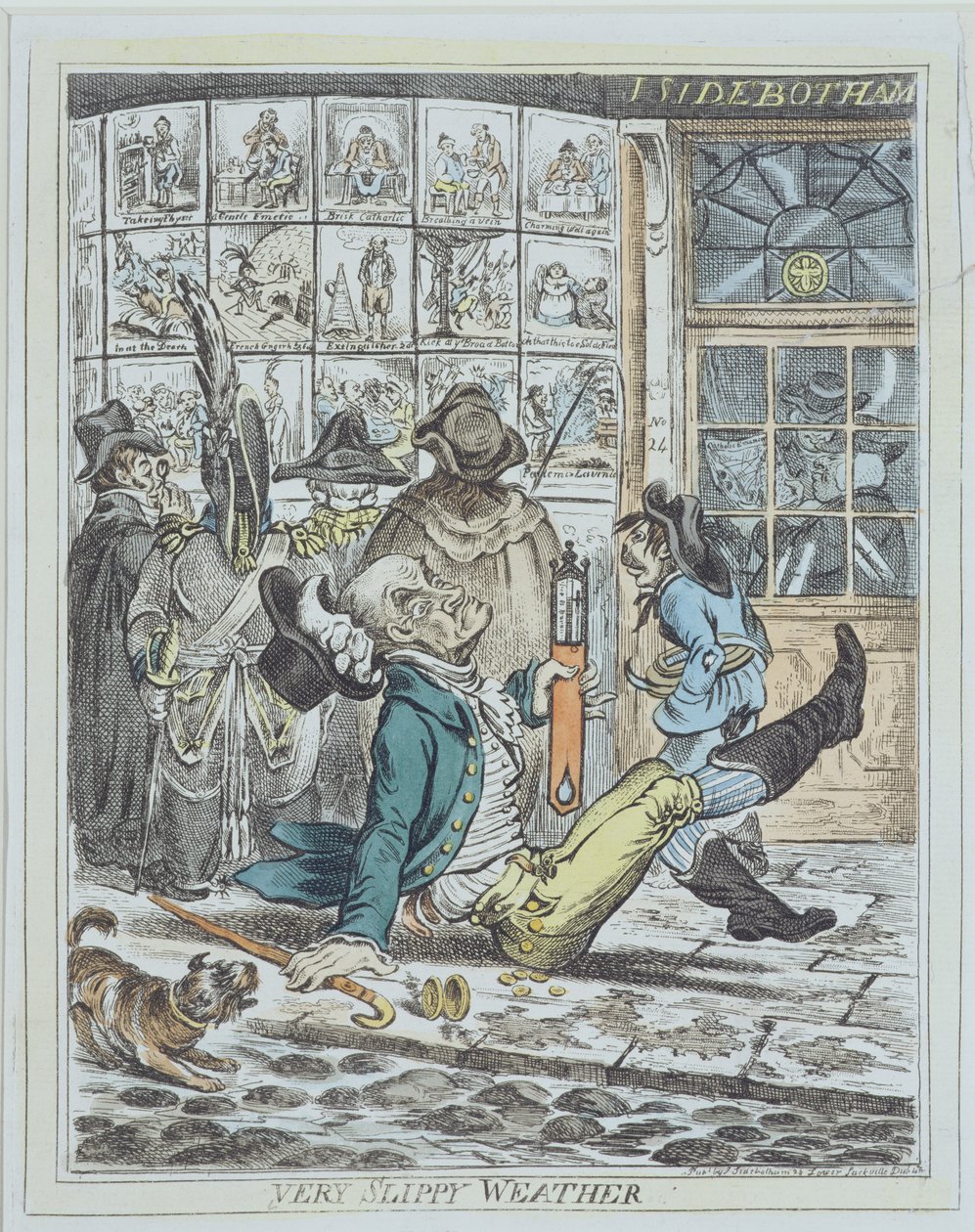 Very Slippy Weather, graverad av J. Sidebotham (färg litho) av James Gillray