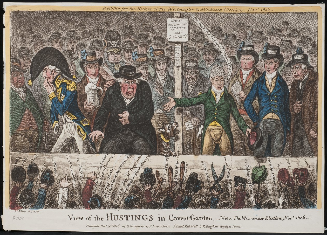 Utsikt över Hustings i Covent Garden – Vide. Valet i Westminster, november 1806 av James Gillray