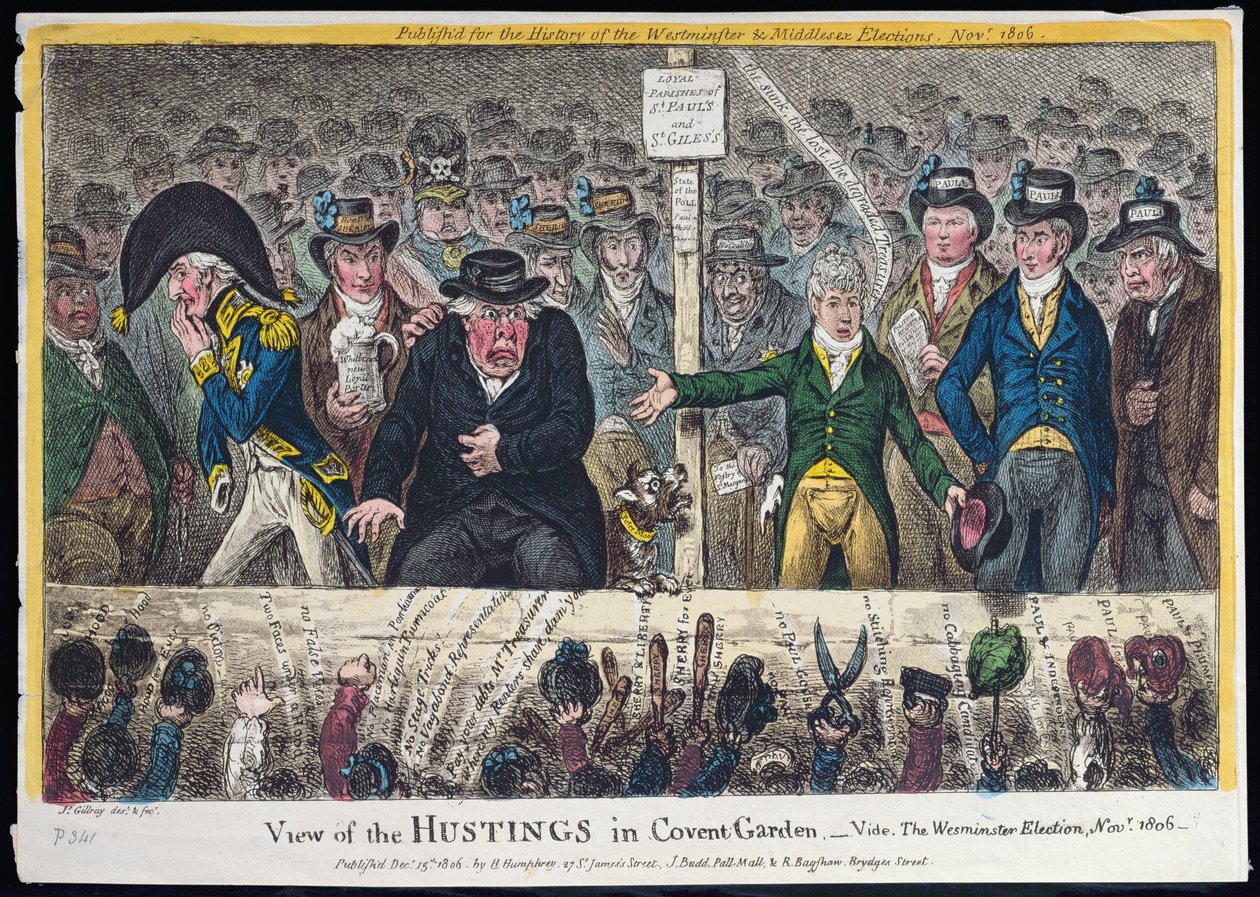 View of the Hustings in Covent Garden, publicerad av Hannah Humphrey 1806 (handfärgad etsning med akvatint) av James Gillray