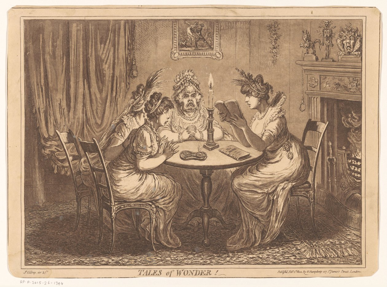 Kvinna läser en skräckroman Tales of Wonder! (titel på objekt) av James Gillray
