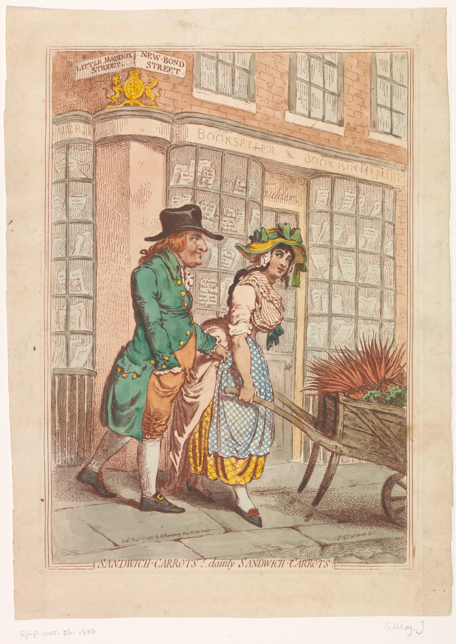 Kvinna med en skottkärra med rötter framför skyltfönstret hos bokhandlaren Robert Faulder i London Smörgås morötter! läckra smörgås-morötter (titel på objekt) av James Gillray