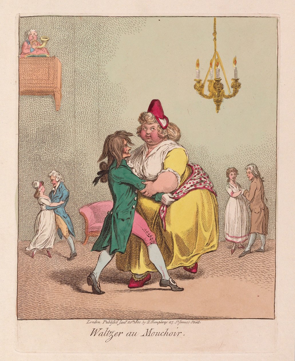 Waltzer au Mouchoir, pub. 1800 (handfärgad gravyr) av James Gillray