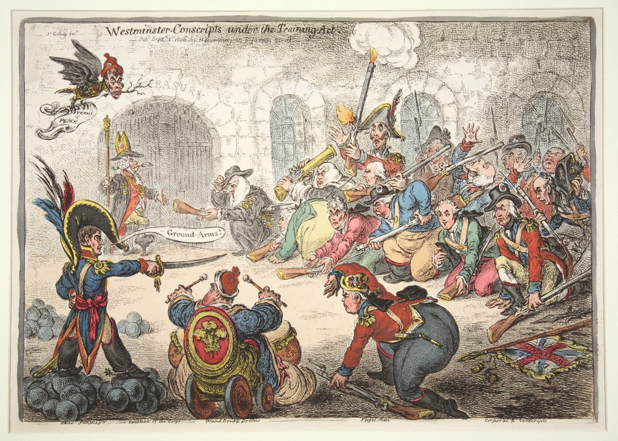 Westminster-värnpliktiga under utbildningslagen, 1806 (handfärgad gravyr) av James Gillray