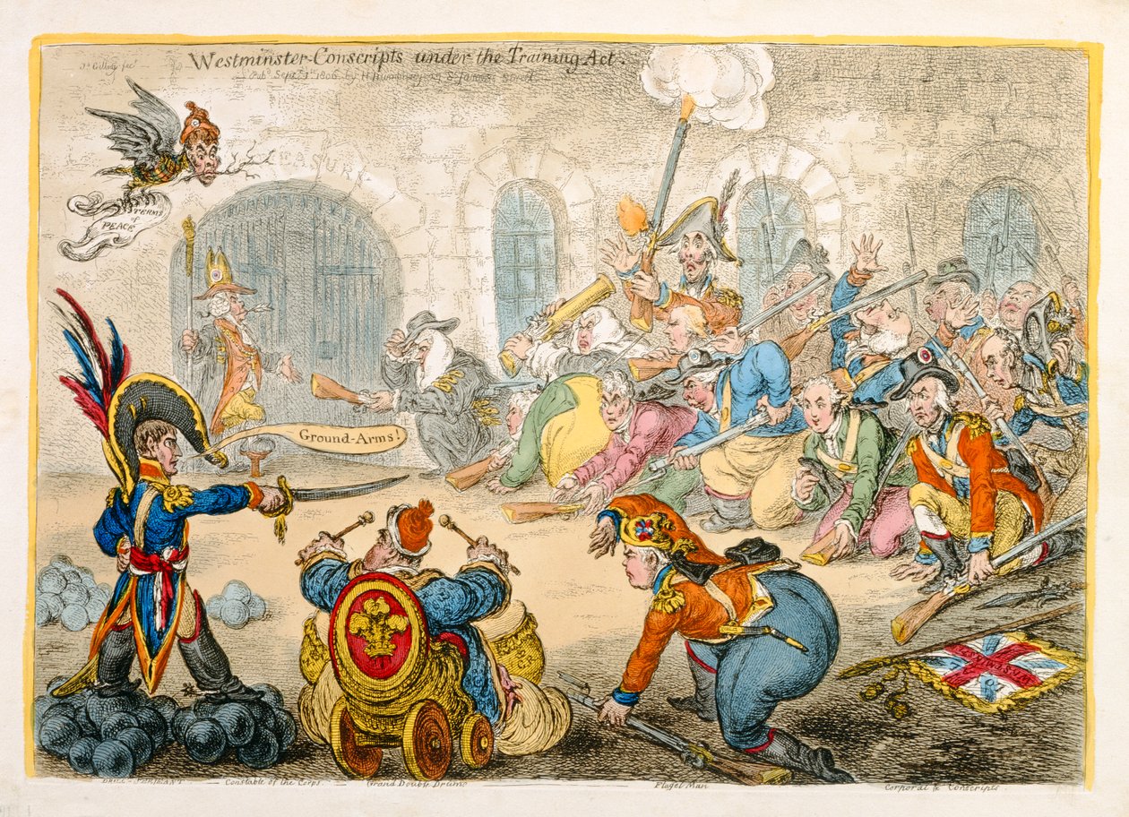 Westminster Conscripts under Training Act, publicerad av Hannah Humphrey 1806 (handkolorerad etsning) av James Gillray