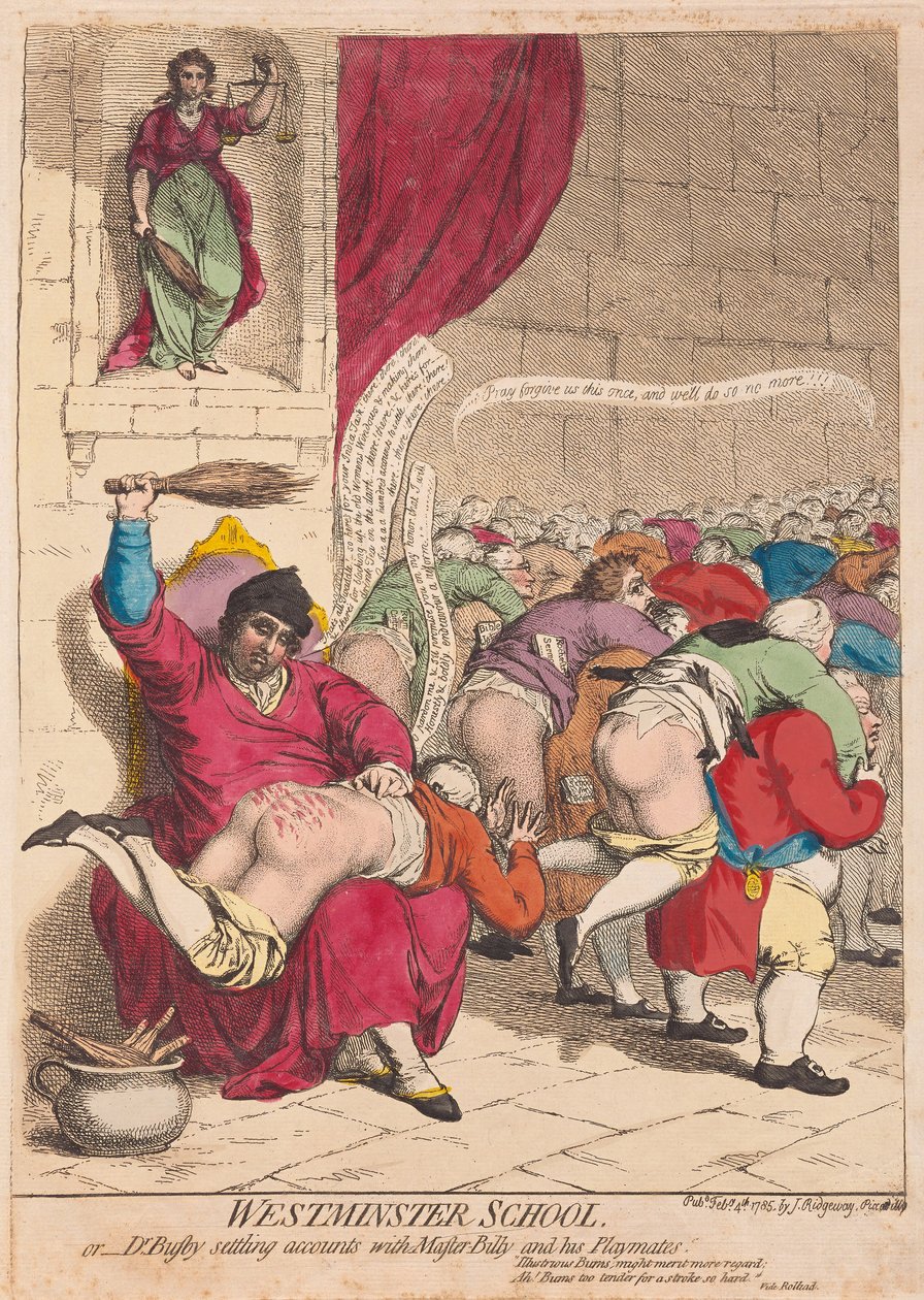 Westminster School eller Dr Busby gör upp med Master Billy och hans Playmates, pub. 1785 (handfärgad gravyr) av James Gillray