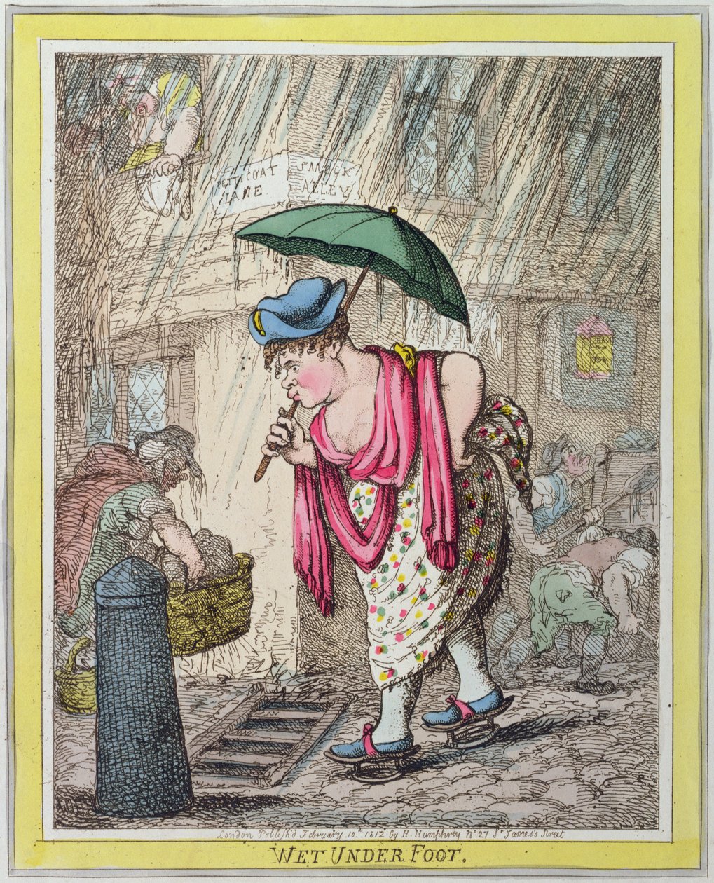 Wet Under Foot, publicerad av Hannah Humphrey 1812 (handfärgad etsning) av James Gillray