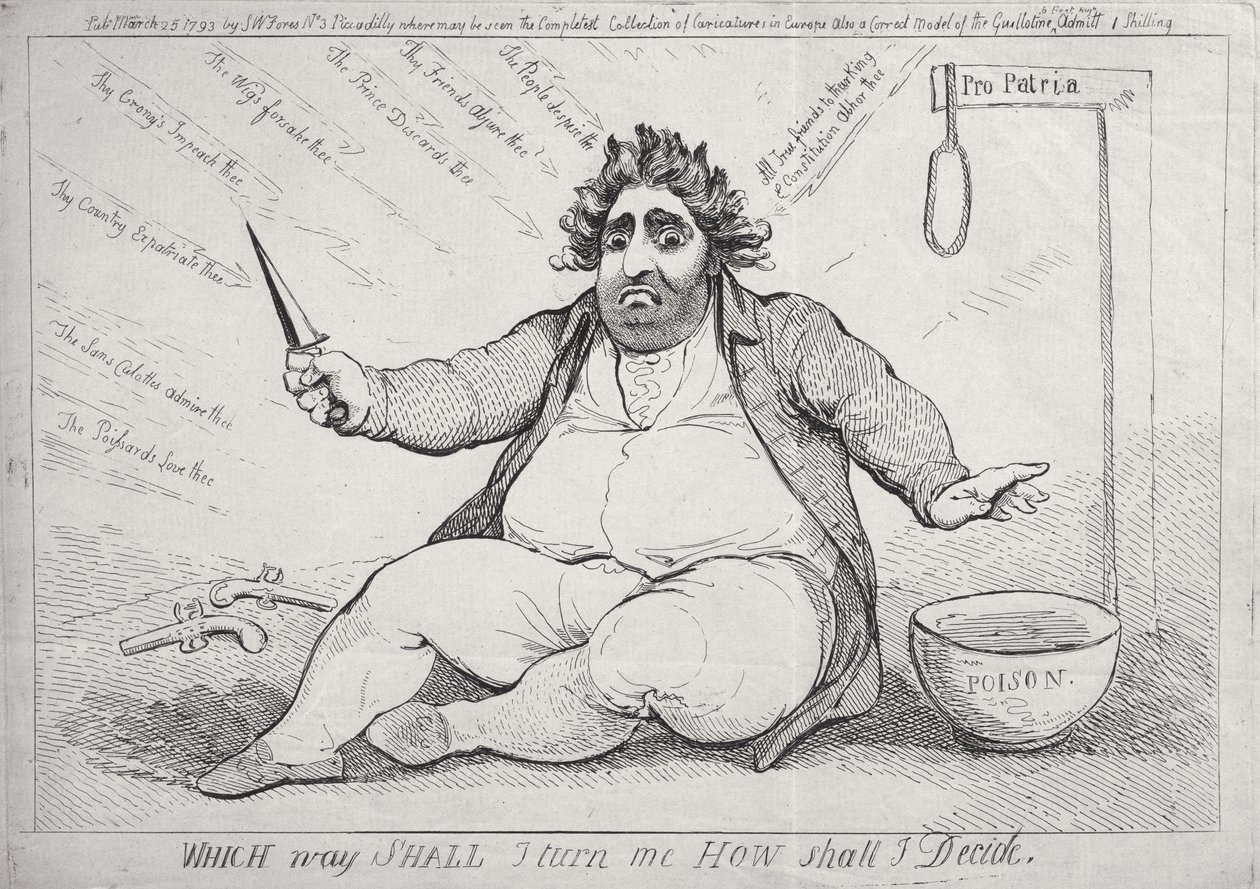 Vilken väg ska jag gå, hur ska jag bestämma mig, publicerad av S.W. Fores 1793. av James Gillray