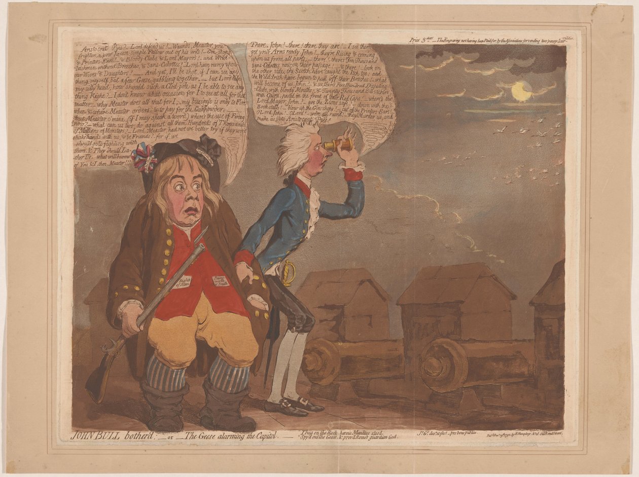 William Pitt och John Bull fruktar en invasion John Bull störde:-eller-gässen larmade Capitolium (titel på objekt) av James Gillray