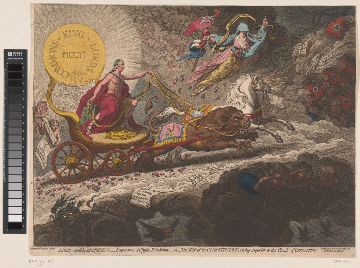 William Pitt verdrijft de duistere krachten, 1795 Ljus som utvisar mörker, - avdunstning av Stygian utandningar,-eller- Konstitutionens sol, stiger överlägset oppositionens moln (titel på objekt) av James Gillray