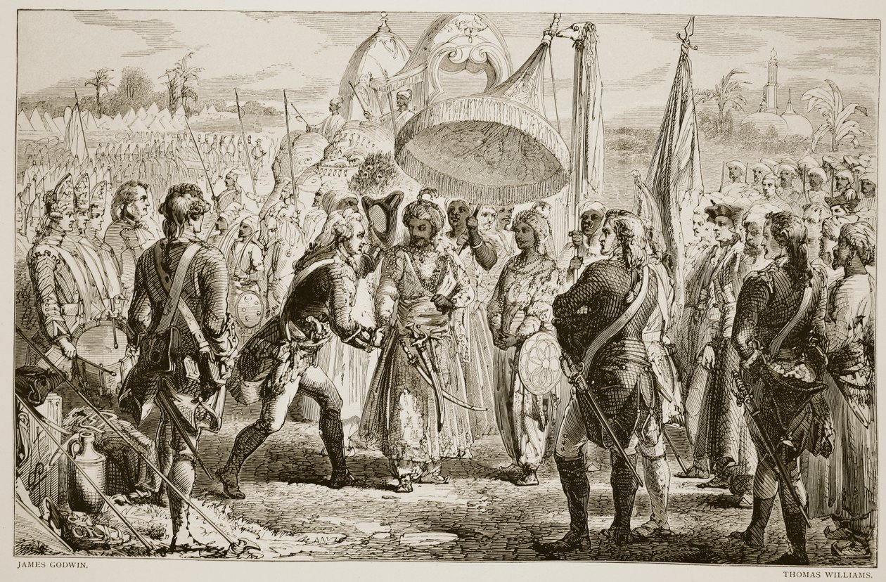 Lord Clives möte med Meer Jaffier, efter slaget vid Plassey, graverat av Thomas Williams av James Godwin