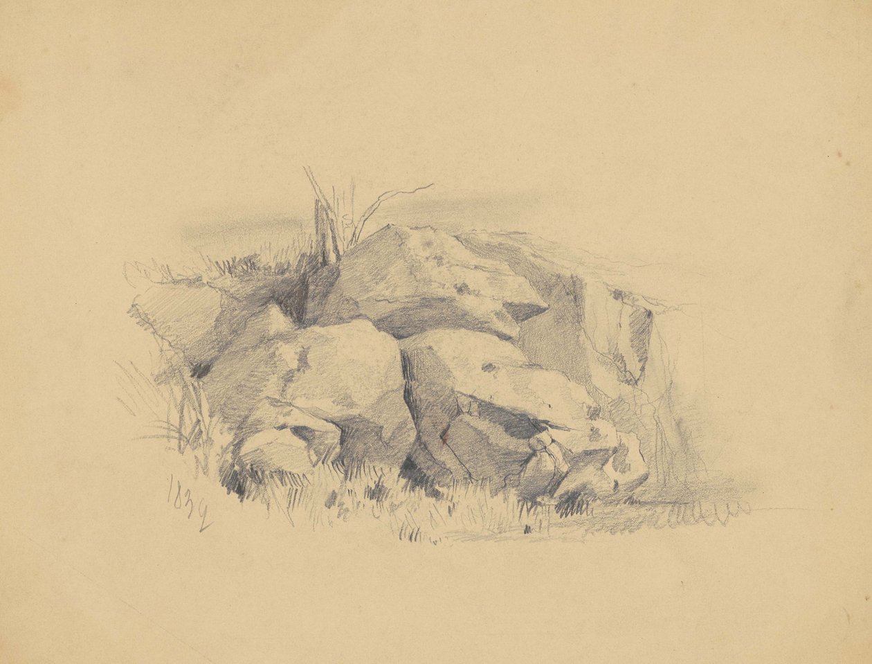 Rocks, 1839 (grafit på vävt papper) av James Goodwin Clonney