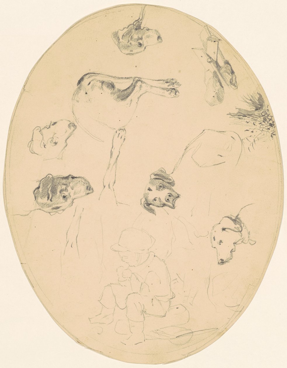 Studier av hundar och en sittande pojke [recto] av James Goodwyn Clonney