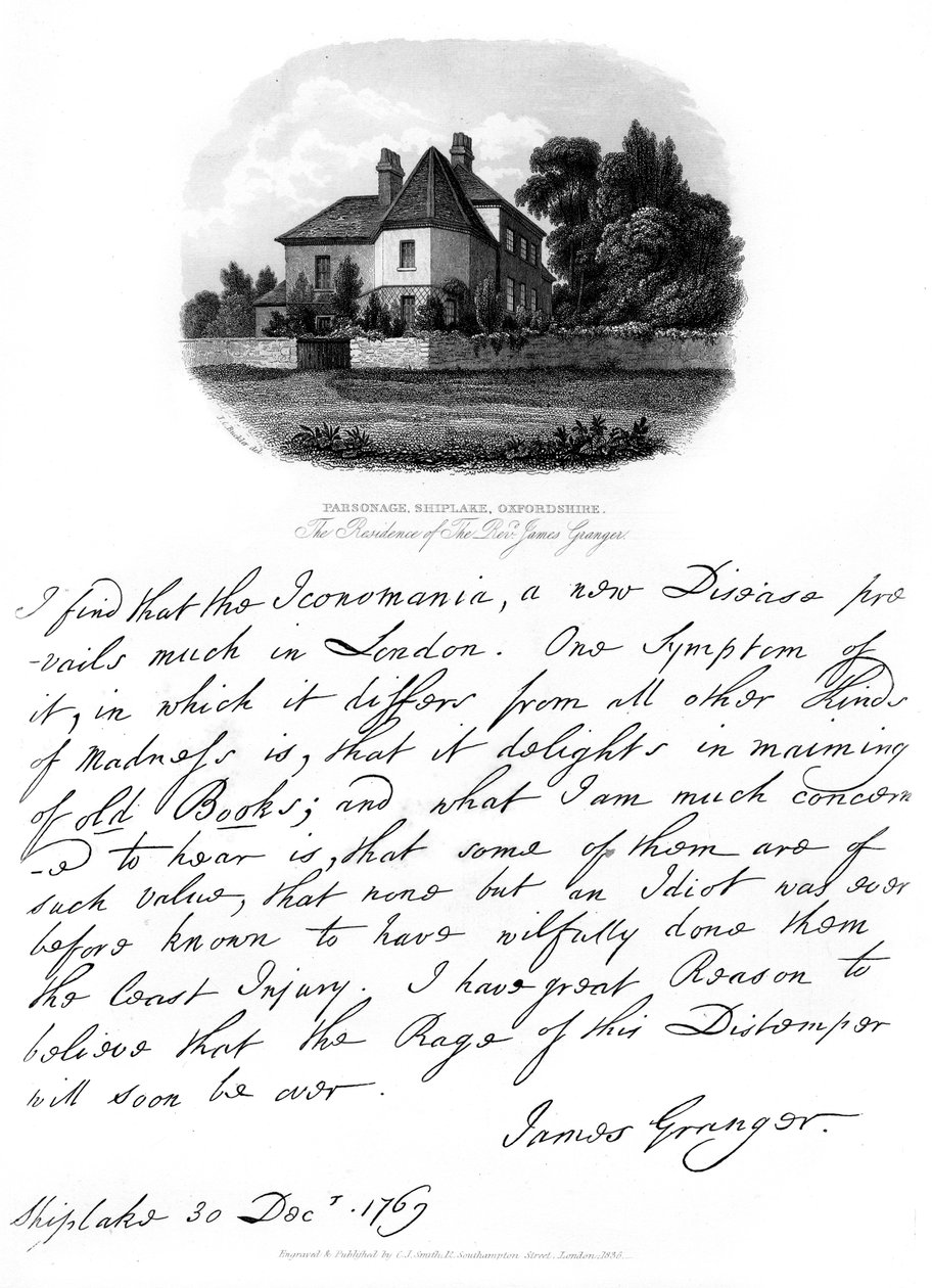 Ett brev från pastor James Granger och en vy av hans bostad i Shiplake, 1769, 1840 av James Granger