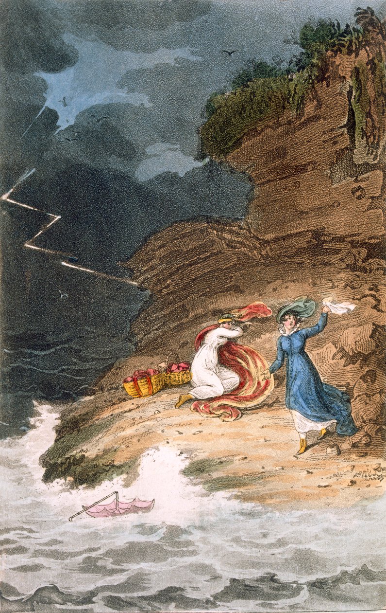 Två Regency Belles strandade på en strand av en storm, c1795-1805. av James Green
