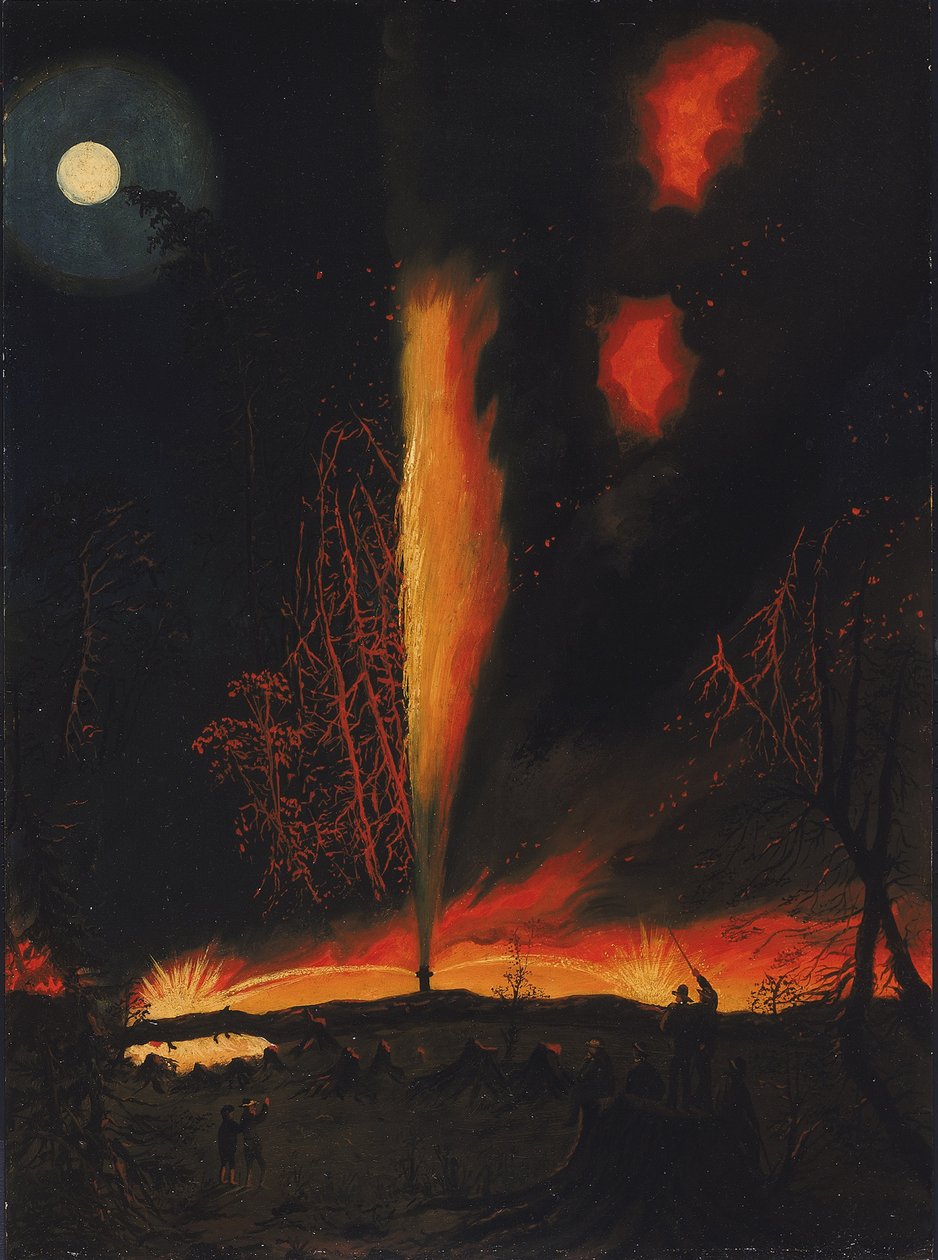 Brinnande oljekälla på natten, nära Rouseville, Pennsylvania av James Hamilton