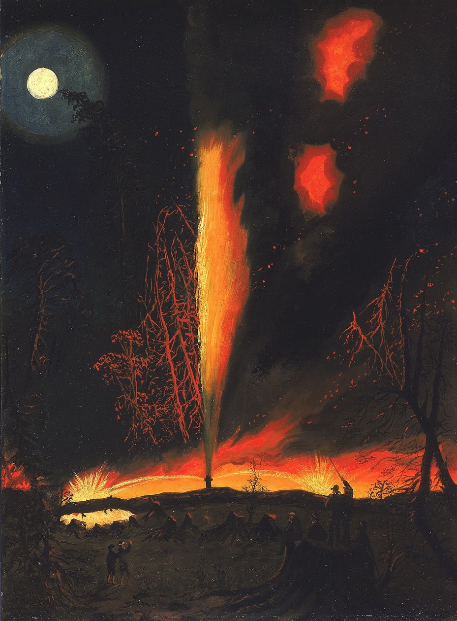 Brinnande oljekälla på natten, nära Rouseville, Pennsylvania av James Hamilton