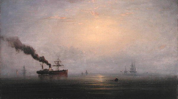 Dimmig morgon på Themsen, ca 1874 (olja på trä) av James Hamilton