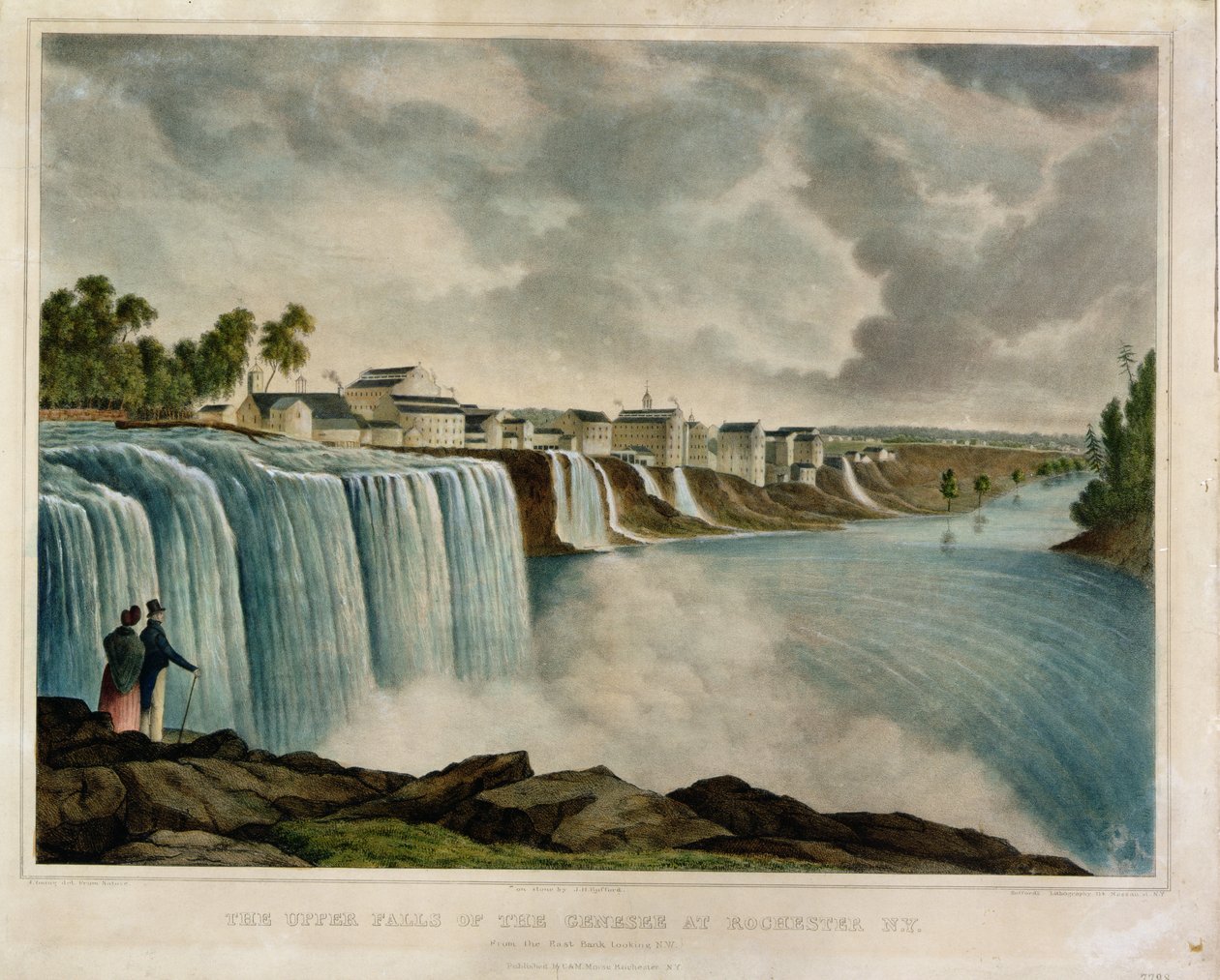The Upper Falls of the Genesee i Rochester, New York, graverad av J. Bufford (1810-70) (färggravyr) av James Harvey Young