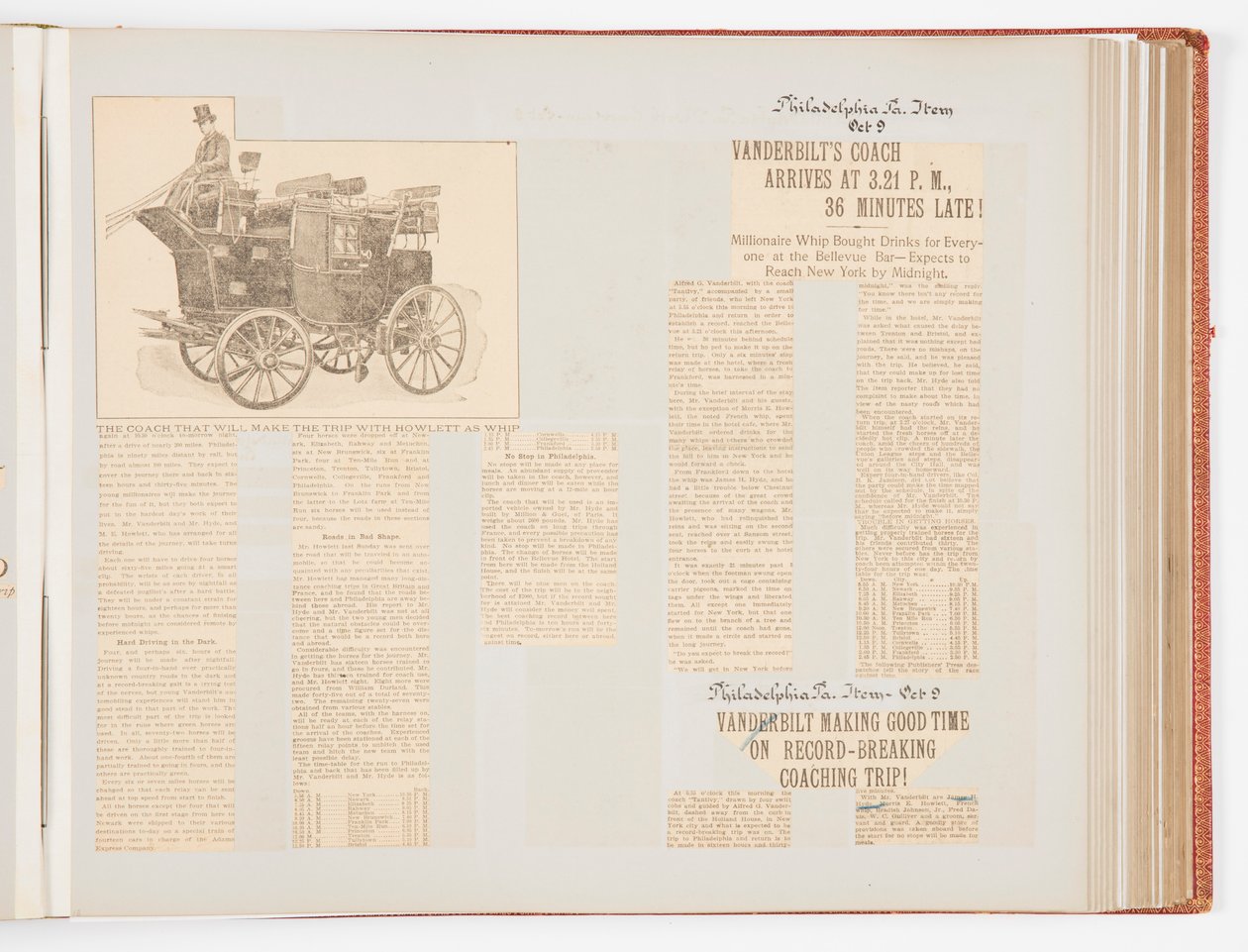 Jubileumsklippbok som dokumenterar 1901 års rekordslagande tränarlopp från New York City till Philadelphia och tillbaka igen av James Hazen Hyde
