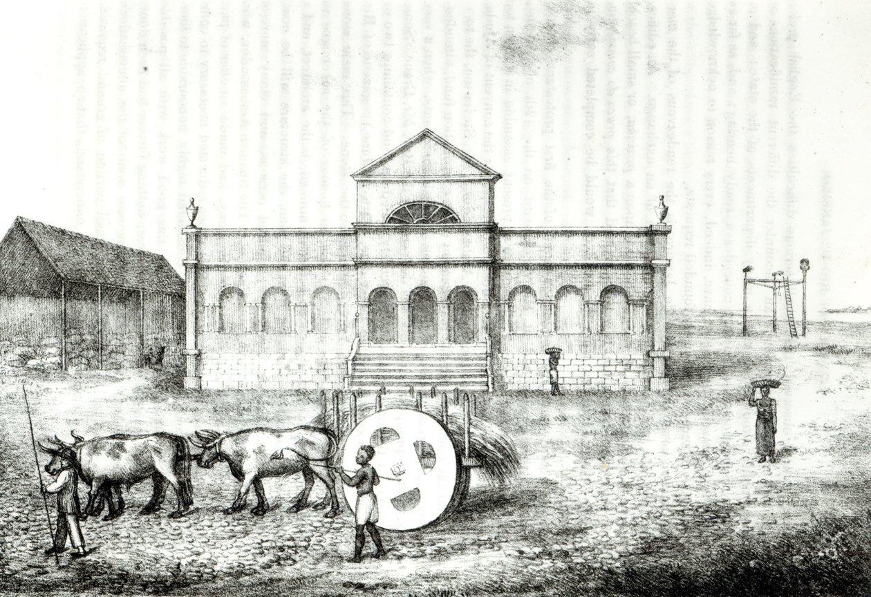 Börsen i Rio, en offentlig trapiche, en gräsvagn och galgen, illustration från "A History of the Brazil" av James Henderson, publicerad i London 1821. av James Henderson