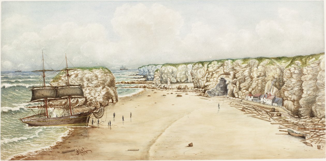 Brig på grund vid Marsden Rock (akvarell, kroppsfärg och penna på papper på kort)) av James Henry Cleet