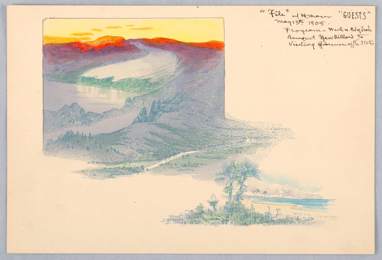 Three Landscapes, tryckt prov för design för Washington Board of Trade Dinner, 13 maj 1908 av James Henry Moser
