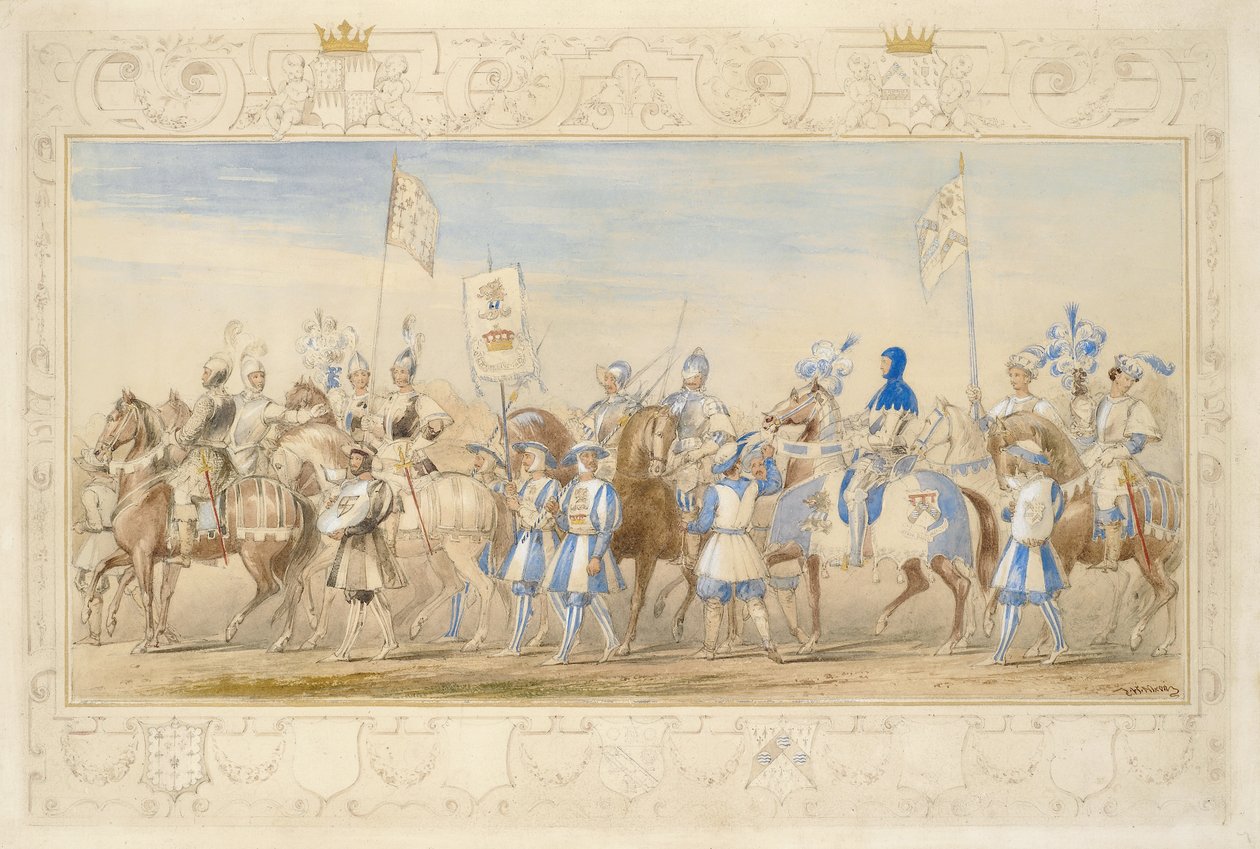 Fortsättning på följet av markisen av Waterford, drakens riddare och viscounten Alford, riddaren av det svarta lejonet, 1839 (penna, wc, gouache och guldfärg på papper) (se även 366229) av James Henry Nixon