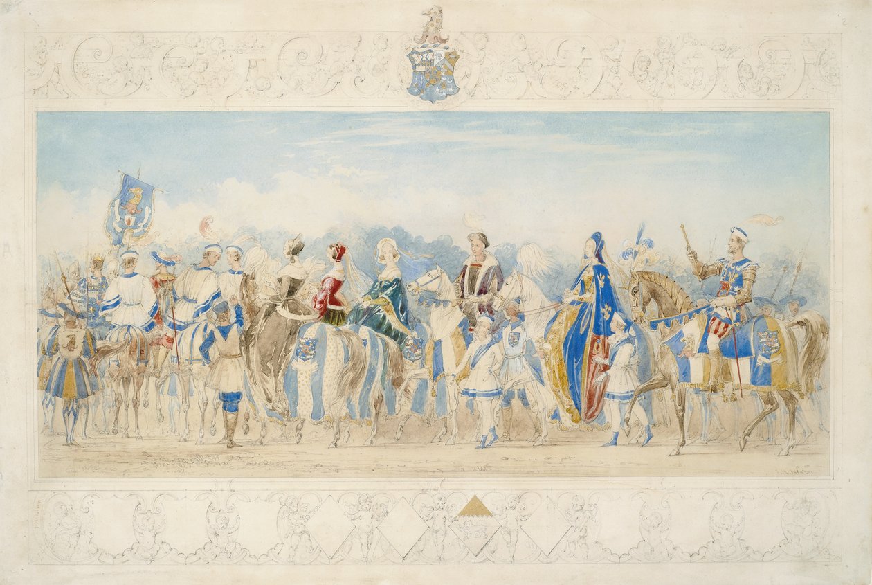 Sir Charles Montelieu Lamb, Knight Marshal of the Lists, 1939 (penna, wc, gouache och guldfärg på papper) av James Henry Nixon
