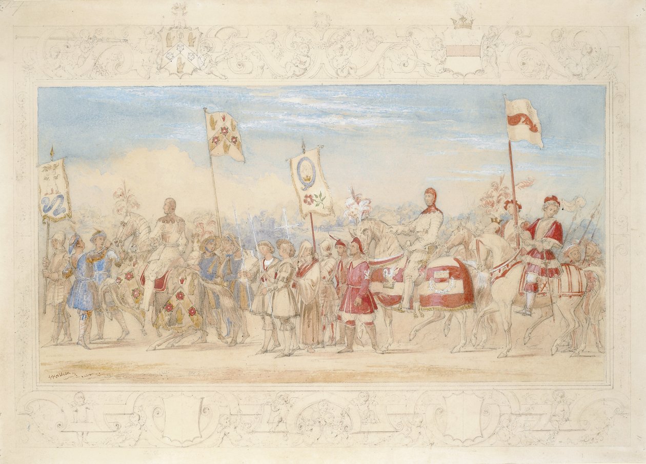 Sir Francis Hopkins Bt., Knight of the Burning Tower och Richard Lechmere, Knight of the Red Rose The Rose of Lancaster, 1839 (penna, wc och gouache på papper) av James Henry Nixon