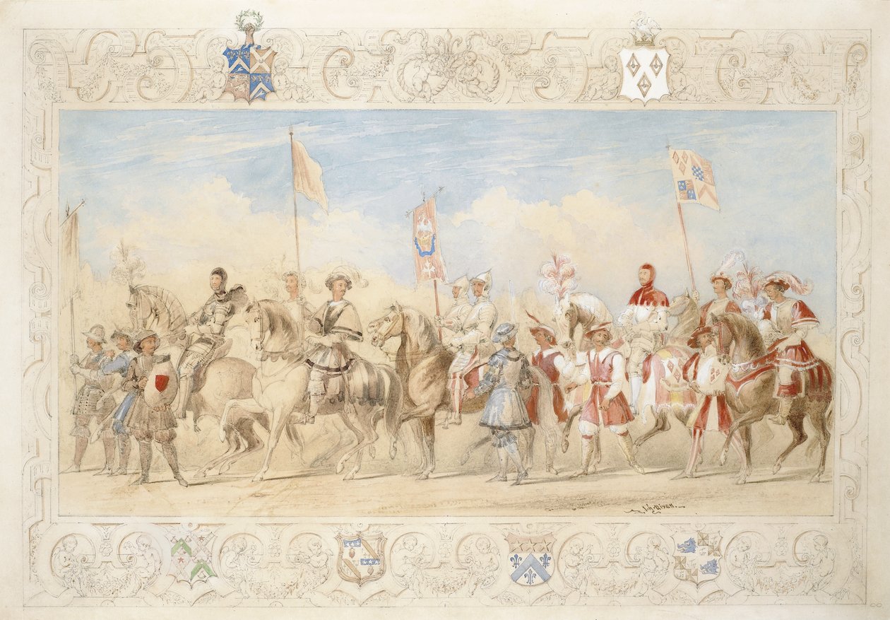 Walter Little Gilmour Esq., The Black Knight och Hon. Edward Stafford Jerningham, Svanens riddare, 1839 (penna, wc och gouache på papper) av James Henry Nixon