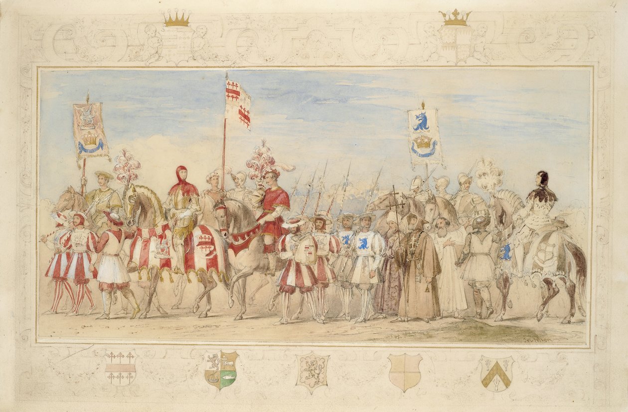 William Earl of Craven, grevens riddare och Henry de la Poer Beresford, markis av Waterford, drakens riddare, 1839 (blyerts, wc, gouache och guldfärg på papper) (se även 366230) av James Henry Nixon